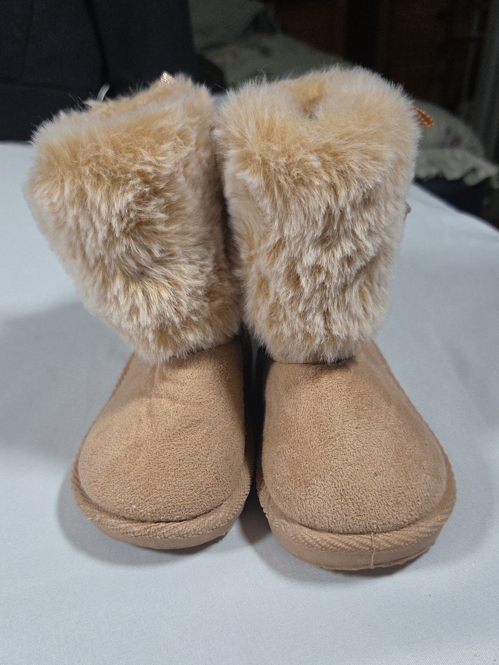First Steps Slipper Boots Kids Size 3 Brown Cream Ankle Faux Fur Soft Sole Cozy